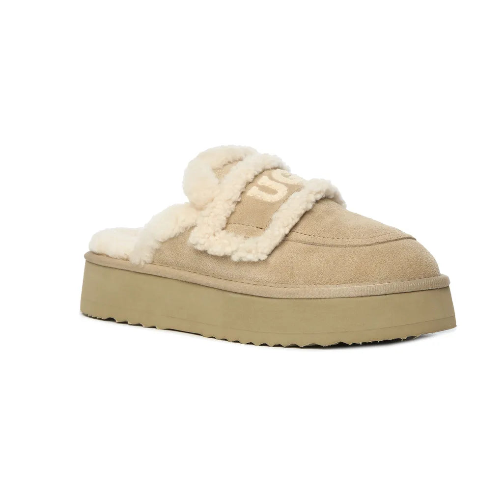 Australian UGG Platform Thick Sole Shearing UGG Logo Sheepskin Mule UGG Slippers