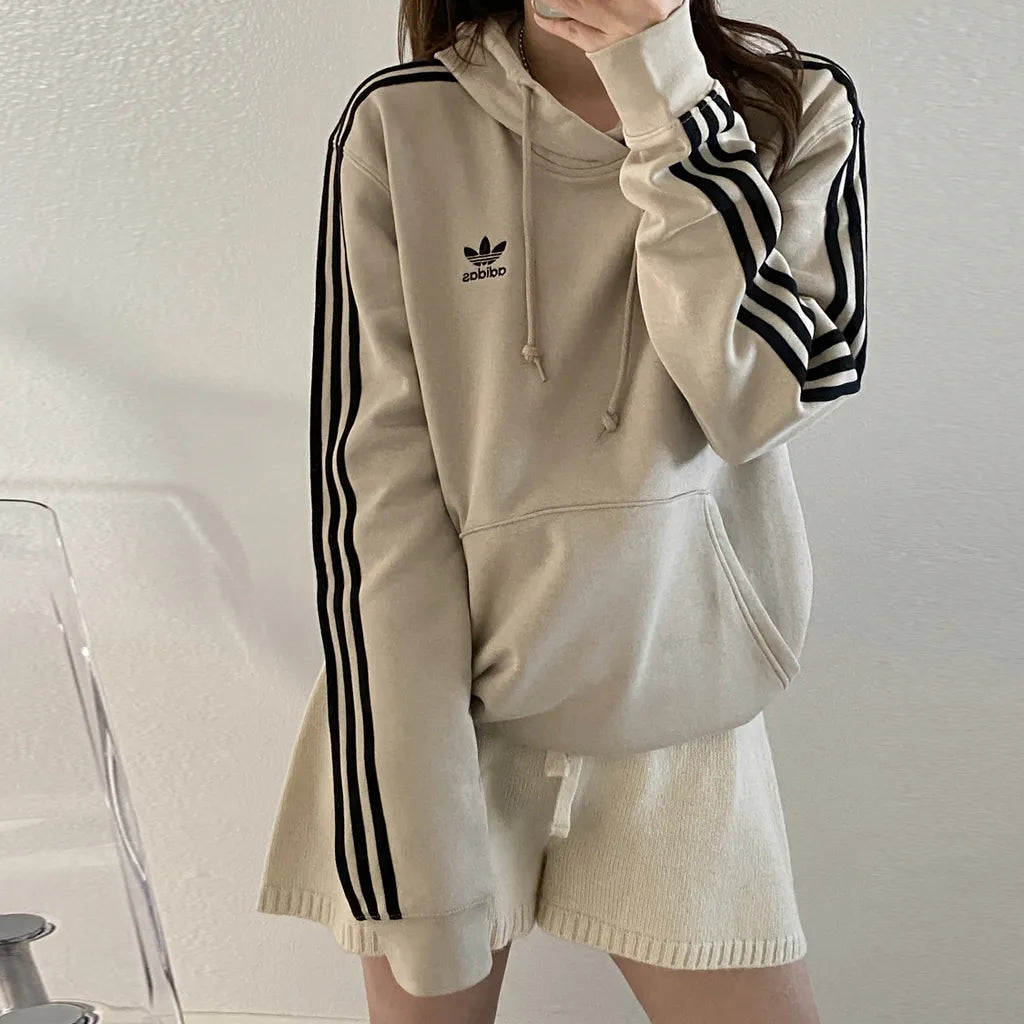 Adidas Unisex Adicolor Classic Three-Stripe Beige Brushed Hoodie