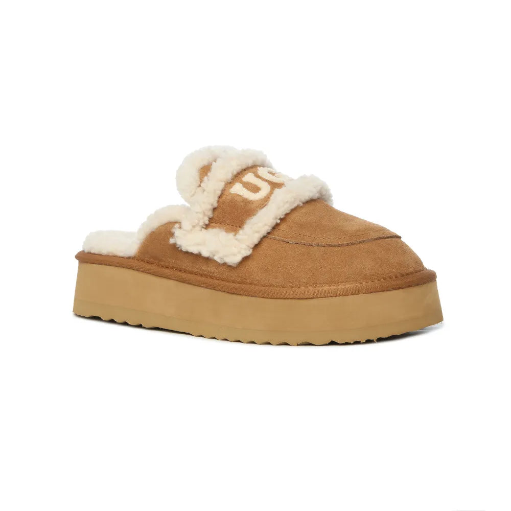 Australian UGG Platform Thick Sole Shearing UGG Logo Sheepskin Mule UGG Slippers