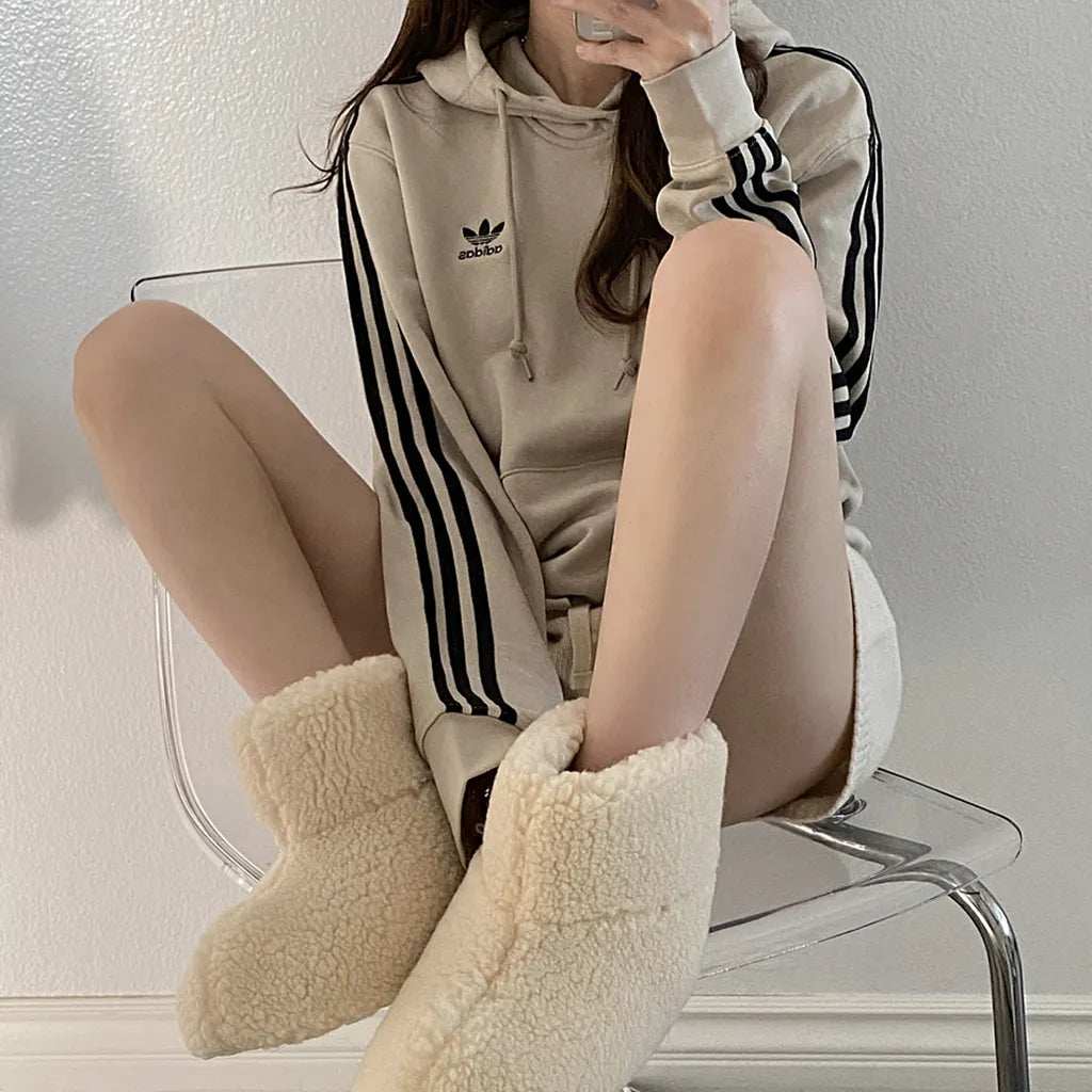 Adidas Unisex Adicolor Classic Three-Stripe Beige Brushed Hoodie