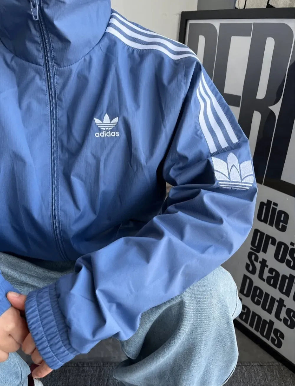 Adidas 3D Trefoil 3 Stripe Windbreaker Track Top Jersey Jacket Blue GN3536