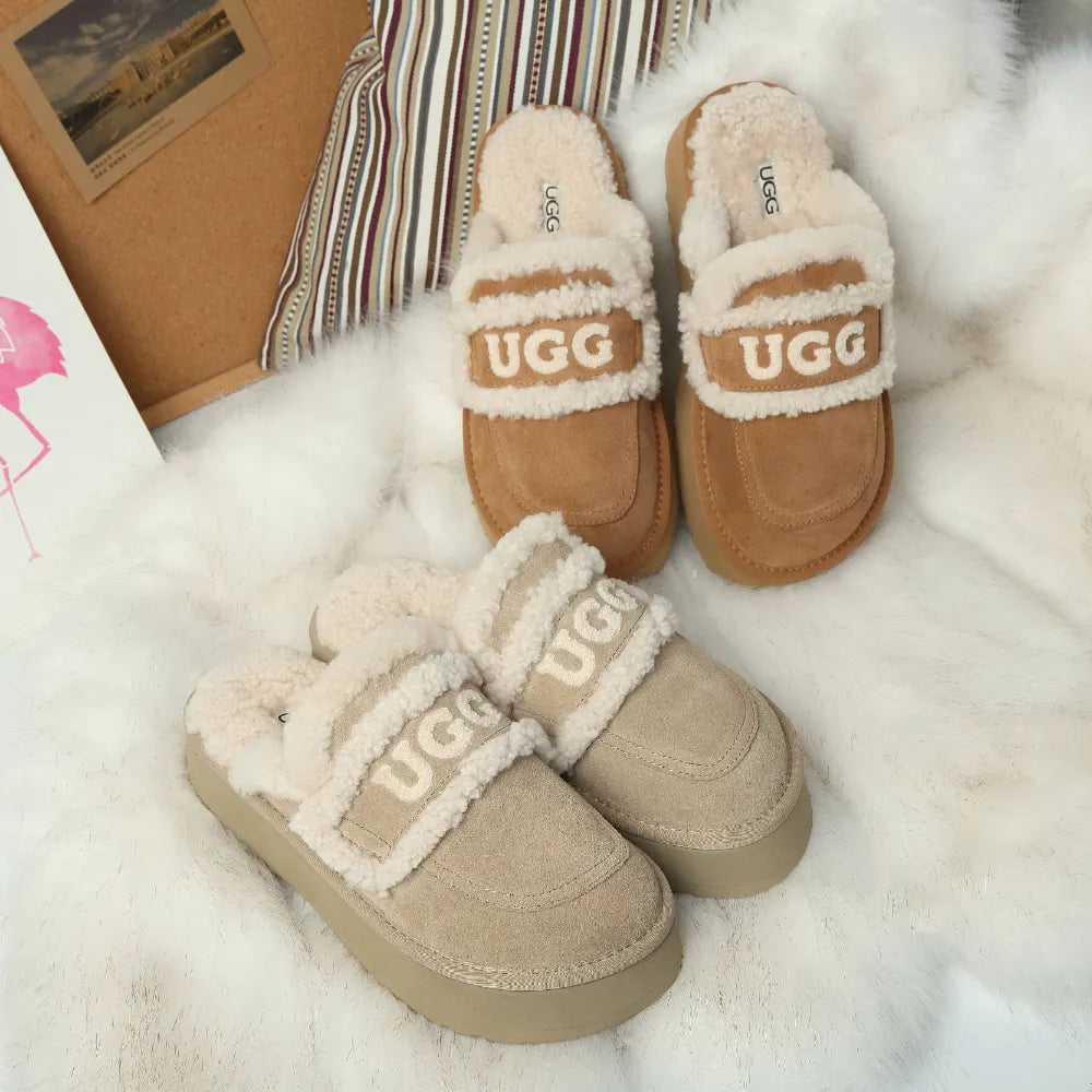 Australian UGG Platform Thick Sole Shearing UGG Logo Sheepskin Mule UGG Slippers