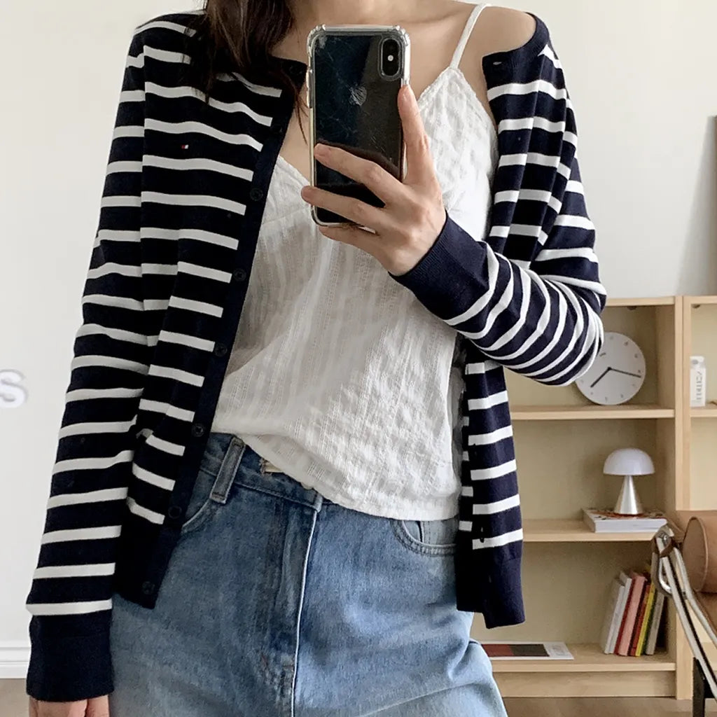 Tommy Hilfiger Women's Round Neck Mini Flag Navy Striped Cardigan