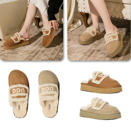 Australian UGG Platform Thick Sole Shearing UGG Logo Sheepskin Mule UGG Slippers