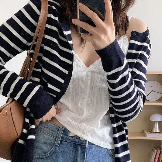 Tommy Hilfiger Women's Round Neck Mini Flag Navy Striped Cardigan