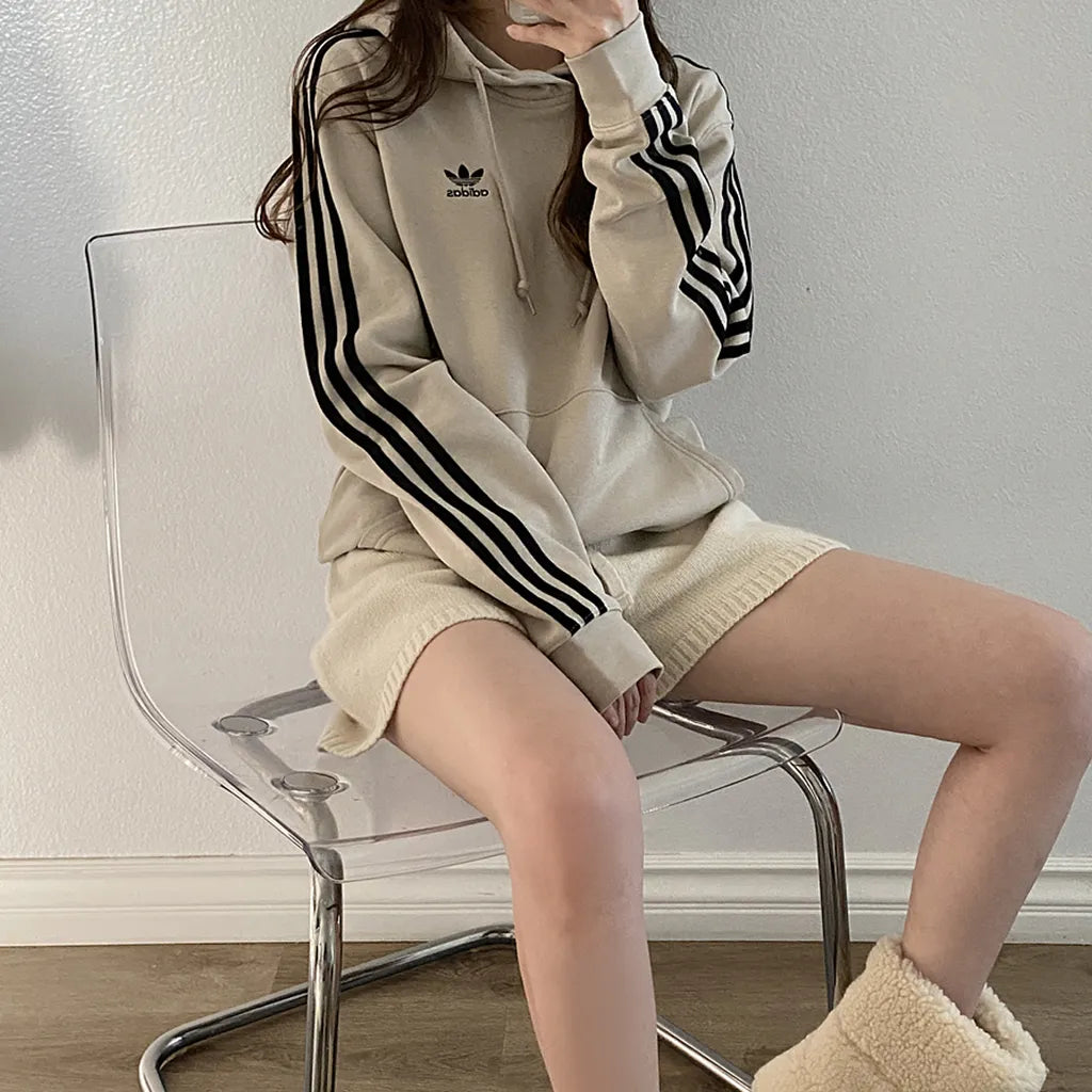 Adidas Unisex Adicolor Classic Three-Stripe Beige Brushed Hoodie