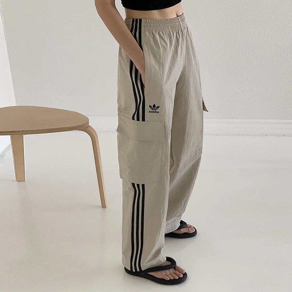 Adidas Unisex Loose Fit Original Three-Stripe Beige Nylon Banding Cargo Pants